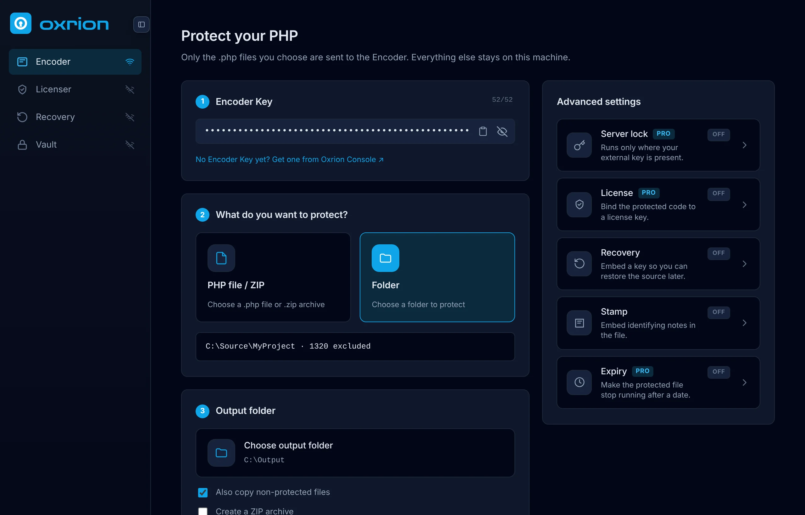 Oxrion Desktop: the Encoder, with an Encoder Key, a project folder, the output folder and the advanced protection options