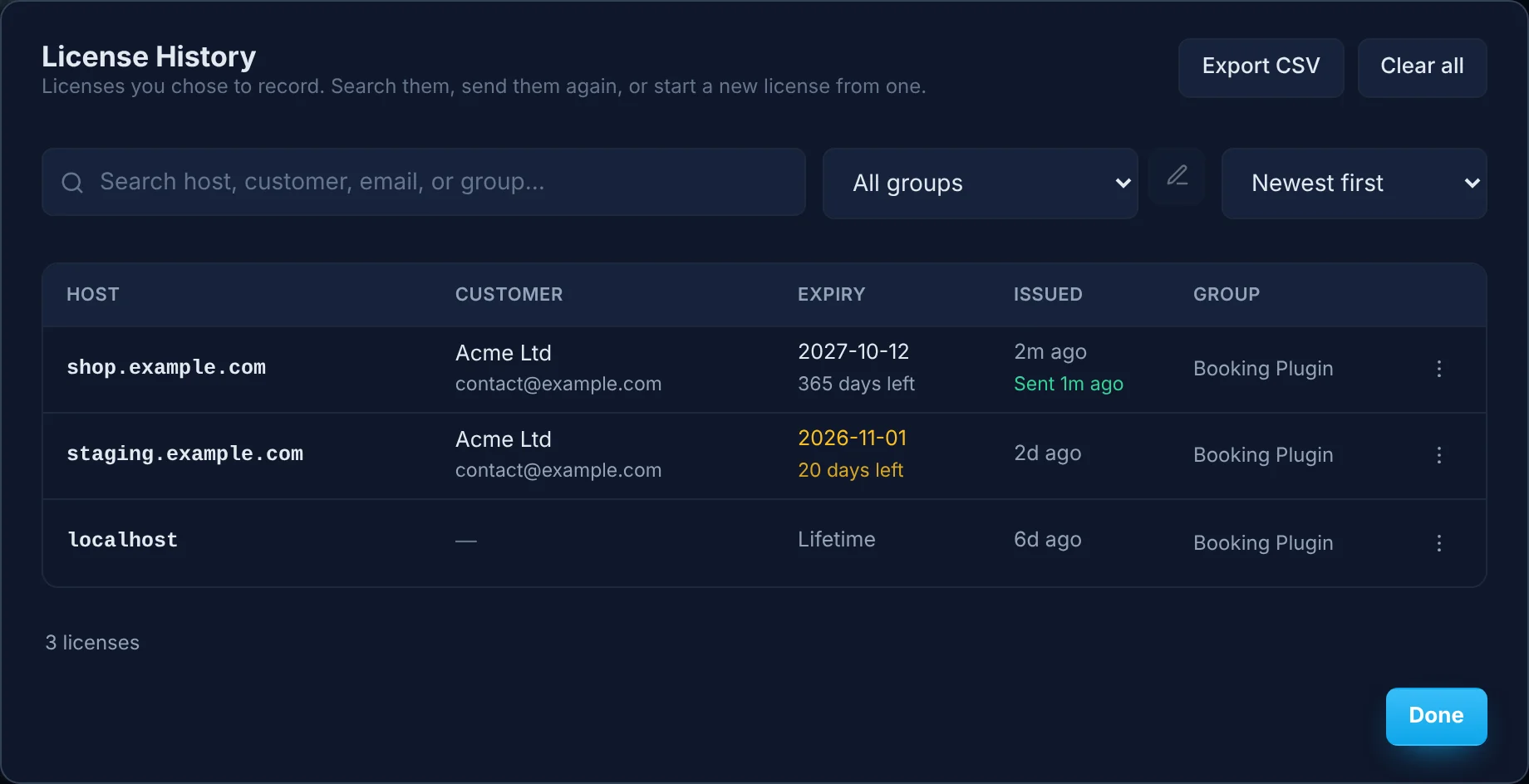 License History: licenses with their host, customer, expiry, when they were sent, and their group