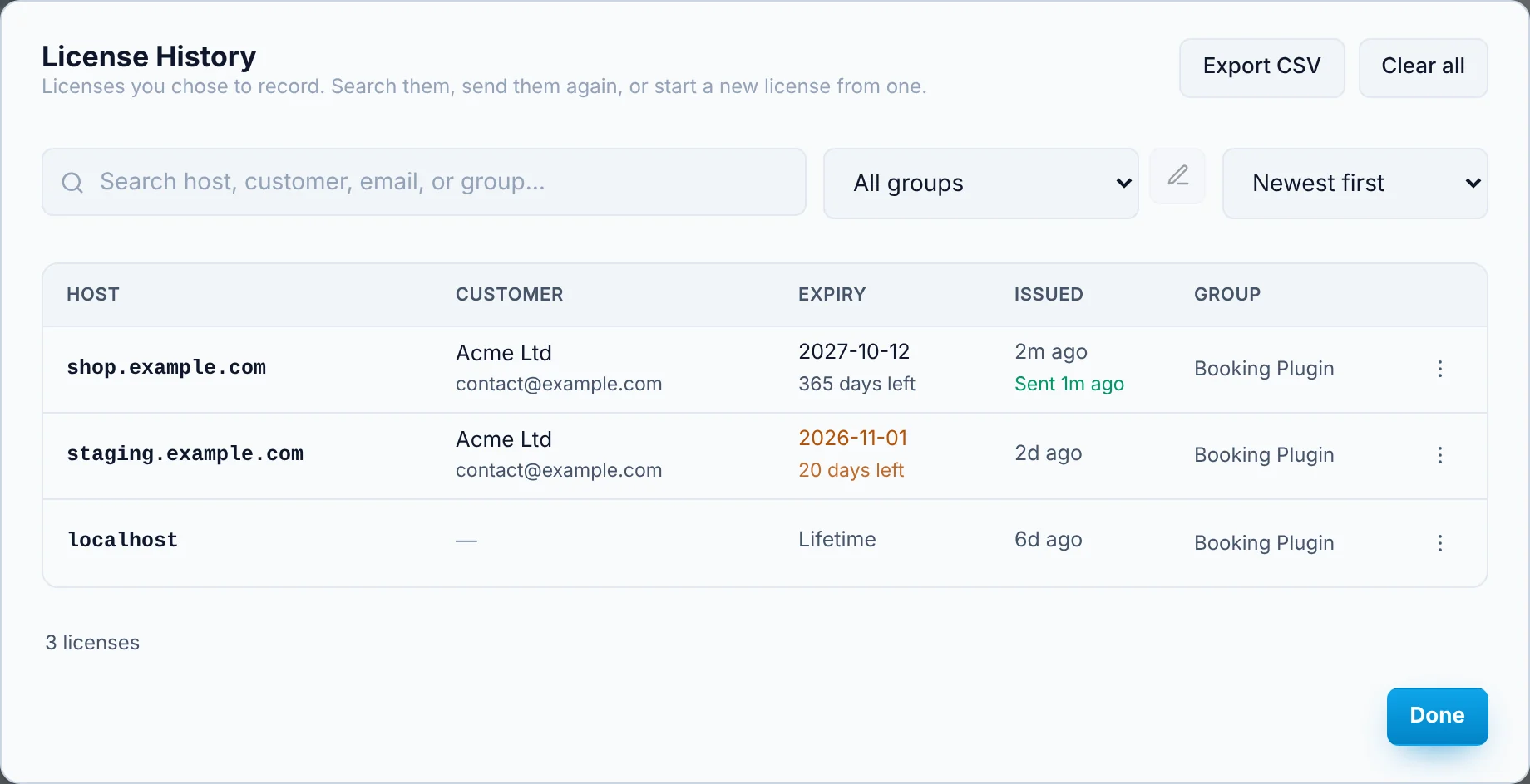 License History: licenses with their host, customer, expiry, when they were sent, and their group